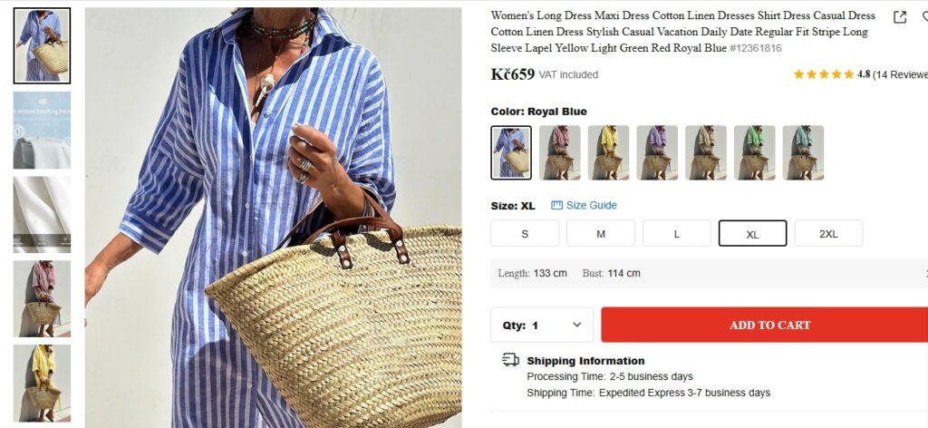 Šaty je třeba vybrat ve správné velikosti. Za tímto účelem je k dispozici online tabulka na převod rozměrů.