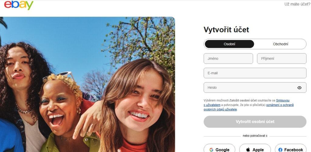 Vytvořit účet na eBay lze běžně – zadáním osobních údajů – nebo propojením se stávajícím účtem. Registrace na eBay česky zcela nefunguje, nicméně lokalizace stránek eBay COM by měla být dostačující.