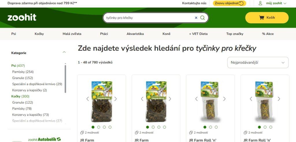Zboží v online prodejně Zoohit lze různě filtrovat i přímo vyhledávat. 