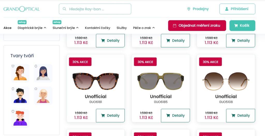 Sluneční brýle i dioptrické brýle od Grand Optical lze vybírat přes množství filtrů a kategorií, například přes tvar obličeje i pomocí zadání šířky nosu. Výběr padnoucích brýlí na dálku totiž není jednoduchý.