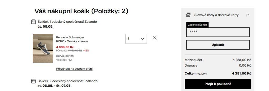 Pole je společné pro slevové kódy i dárkové karty Zalando. Pokud má tedy zákazník k dispozici kód z dárkové karty, kterou dostal, uplatní jej zde.