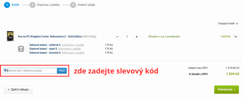 Slevový kód lze zadat hned v prvním kroku Nákupního košíku.