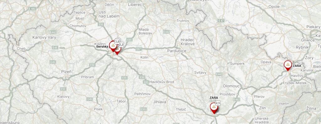 Momentálně je na území České republiky k dispozici 5 kamenných obchodů Zara.