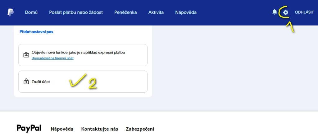 Zrušení účtu na PayPal je možné pod ozubeným kolečkem, v sekci "Účet" téměř dole. Smazání účtu na PayPal je třeba si předem dobře promyslet, protože se jedná o nevratný krok a po zrušení už nebude přístup nejen ke službě samé, nýbrž ani k historii transakcí.