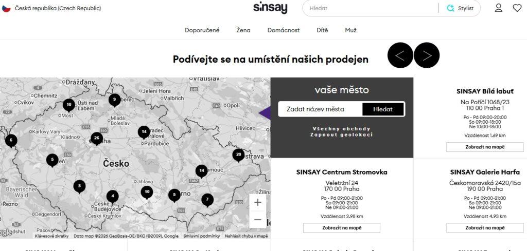 Dostupnost prodejny Sinsay si lze snadno ověřit přímo v e-shopu – lze vyhledávat podle mapy nebo zadáním konkrétní adresy. Poboček je každopádně dostatek, takže pokrývají většinu republiky.