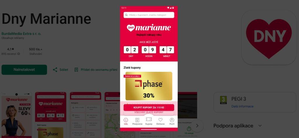 Stažení aplikace Dny Marianne je možné na Google Play nebo v App Store, dále lze Dny Marianne ovládat přes internetovou aplikaci a případně i s papírovou kuponovou knížkou.