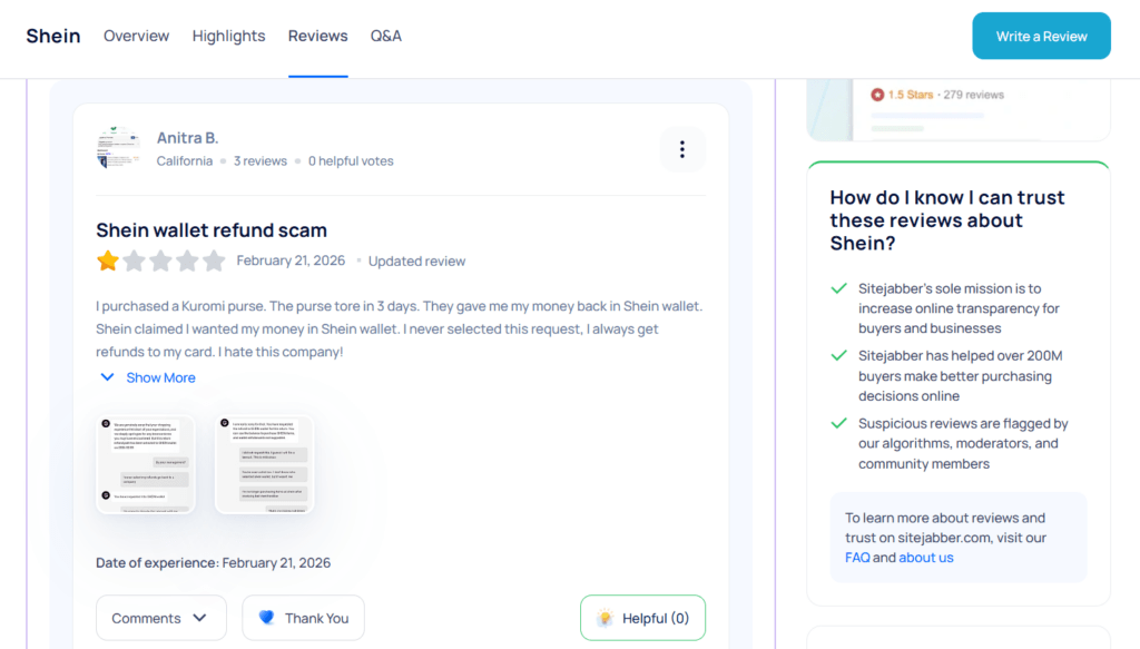 Na Sitejabber.com nedosáhlo Shein ani na 2 hvězdičky, z téměř 5 000 recenzí získalo hodnocení 1,8.