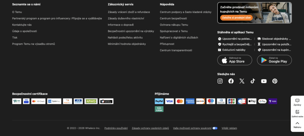 Temu v záhlaví svého webu zmiňuje své bezpečností certifikace.